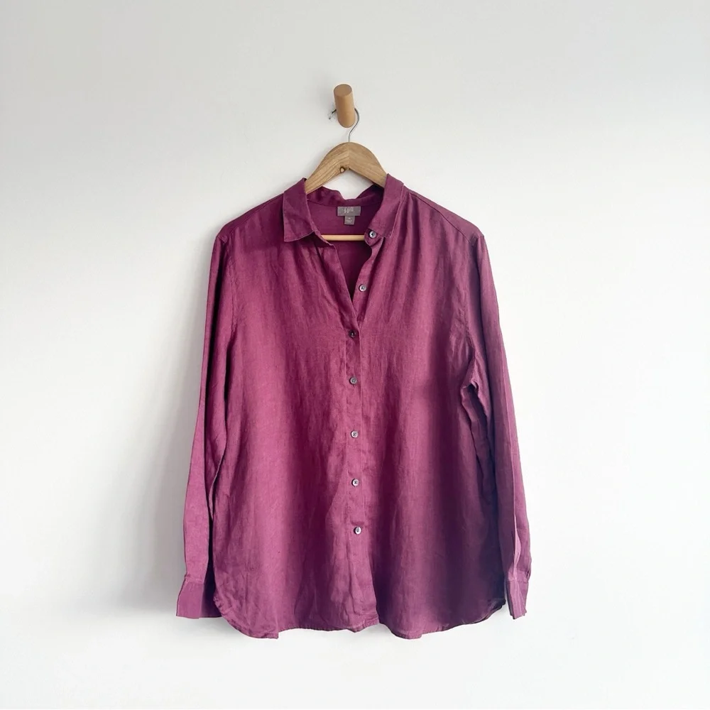 J. Jill Linen Top Button Front Long Sleeve Mauve Medium - Picture 1 of 7